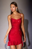 Ladivine CD2423 - Crystal Studded Ruffle Hem Mini Dress