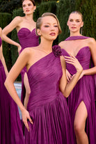 Ladivine CD415 - One Shoulder Pleated Gown with Floral Detail