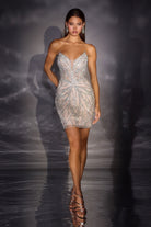 Ladivine CD644 - Pearl Beaded Plunging V-Neck Short Dress