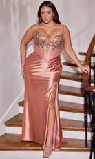 Ladivine CD729C - Plunging V-Neck Ruched Satin Evening Gown