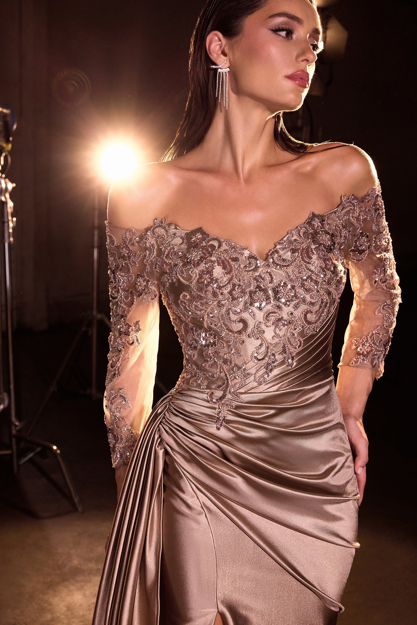 Ladivine CDS549 - Off-Shoulder Quarter Sleeves Formal Gown