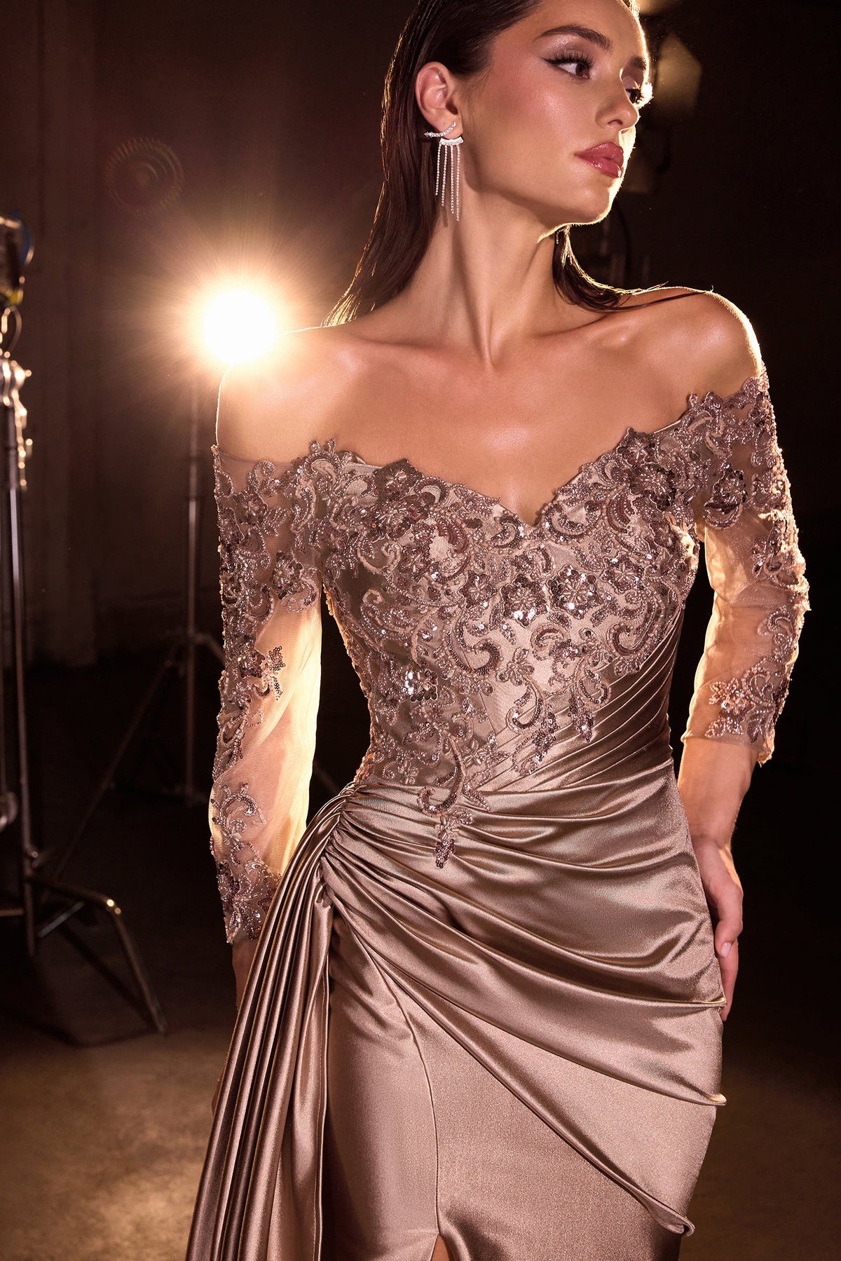 Ladivine CDS549 - Off-Shoulder Quarter Sleeves Formal Gown