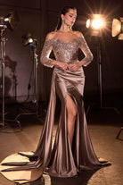 Ladivine CDS549 - Off-Shoulder Quarter Sleeves Formal Gown