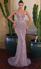 Chic and Holland EW990057 - Plunging V-Neck Chevron Beaded Gown - Silhouette Dresses