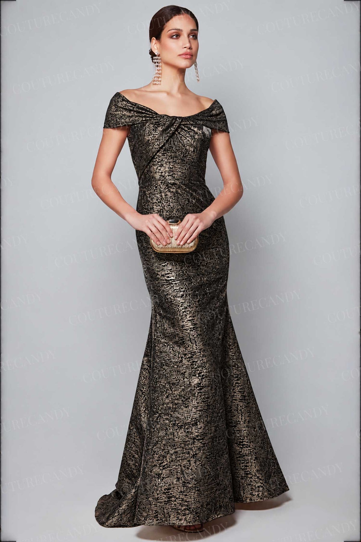 Alyce Paris 27613 Twisted Off Shoulder Jacquard Gown
