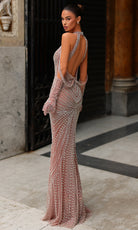 Chic and Holland HF110456 - Beaded High Halter Gown with Gloves - back view