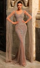 Chic and Holland HF110471 - Sheer Cape Sleeve Beaded Gown - Silhouette Dresses