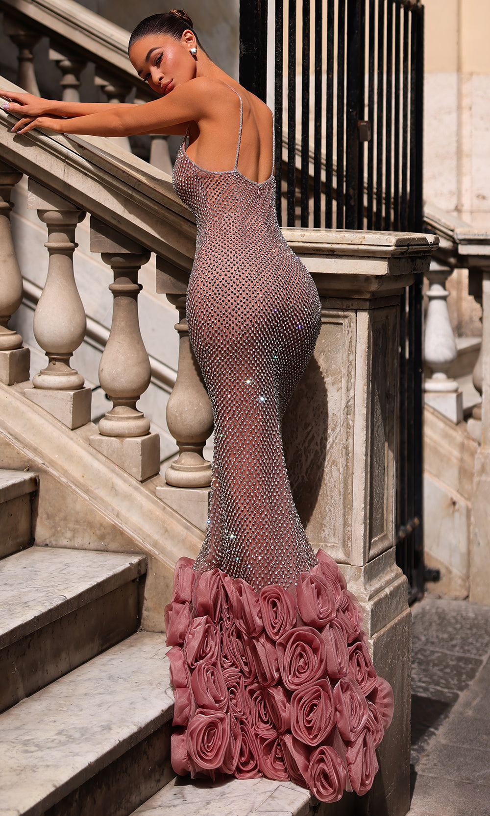 Chic and Holland HF110474 - 3D Floral Hem Sleeveless Evening Gown - back view