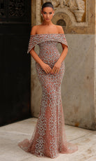 Chic and Holland HF110498 - Off Shoulder Scroll Beaded Gown - Silhouette Dresses