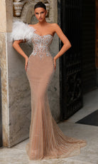 Chic and Holland HF110501 - Feather Accent Off Shoulder Gown - Silhouette Dresses