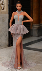 Chic and Holland HF110502 - Pleated Peplum Halter Gown with Slit - Silhouette Dresses