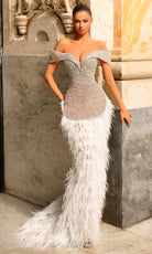 Chic and Holland HF110508 - Plunging Off Shoulder Gown with Feathers - Silhouette Dresses