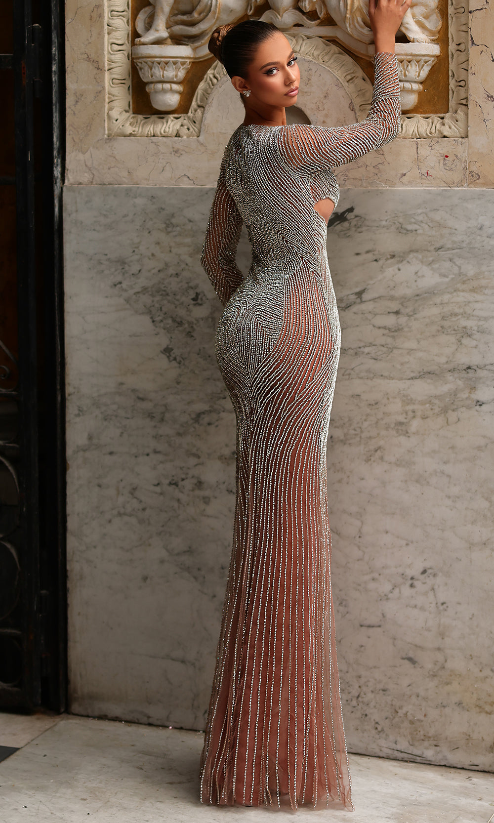 Chic and Holland HF110509 - Illusion Cutout Jewel Neckline Gown - back view