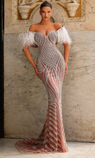 Chic and Holland HF110511 - Geometric Beaded Feather Sleeve Gown - Silhouette Dresses