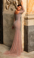 Chic and Holland HF110518 - Long Sleeve Beaded Fringe Gown - back view