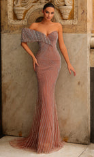 Chic and Holland HF110521 - Off Shoulder Linear Beading Gown - Silhouette Dresses