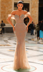 Chic and Holland HF110522 - Glam Off-Shoulder Beaded Applique Gown - Silhouette Dresses