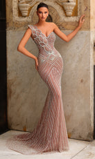 Chic and Holland HF110528 - Leaf Appliqued One Shoulder Beaded Gown - Silhouette Dresses