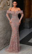 Chic and Holland HF110530 - Long Sleeve Off Shoulder Sheath Gown - Silhouette Dresses