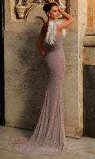 Chic and Holland HF110535 - Feathered Strap V-Neck Sheath Gown - back view
