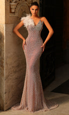 Chic and Holland HF110535 - Feathered Strap V-Neck Sheath Gown - Silhouette Dresses