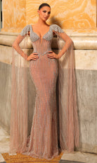 Chic and Holland HF110544 - Plunging Neck Illusion Cape Dress - Silhouette Dresses