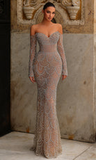 Chic and Holland HF110553 - Scalloped Beadwork Long Sleeve Dress - Silhouette Dresses