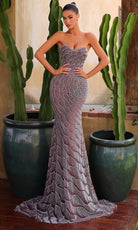 Chic and Holland HF110567 - Strapless Wavy Beaded Long Dress - Silhouette Dresses