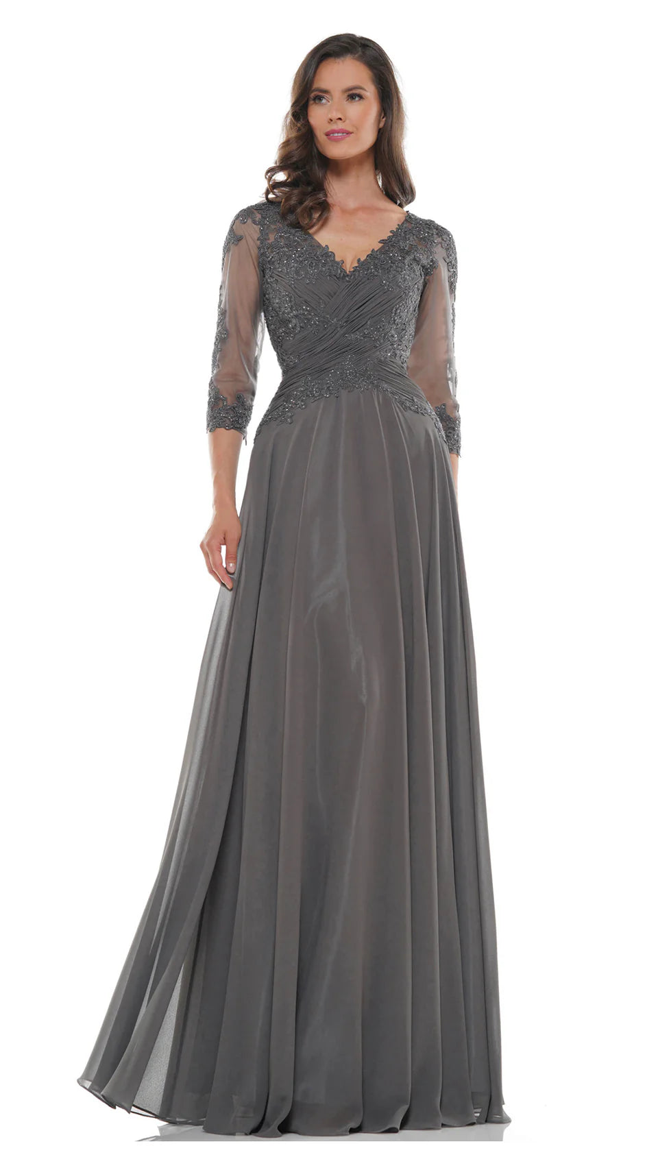 Marsoni by Colors - M237 V-Neck Beaded Lace Applique Chiffon Dress - designer evening gown at Silhouette Dresses