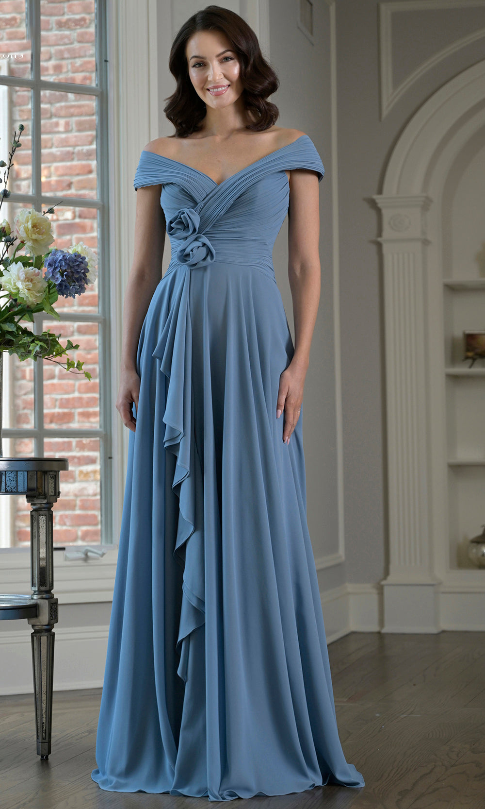 Marsoni by Colors M333 - Pleated Detail Off Shoulder Gown - designer formal gown at Silhouette Dresses