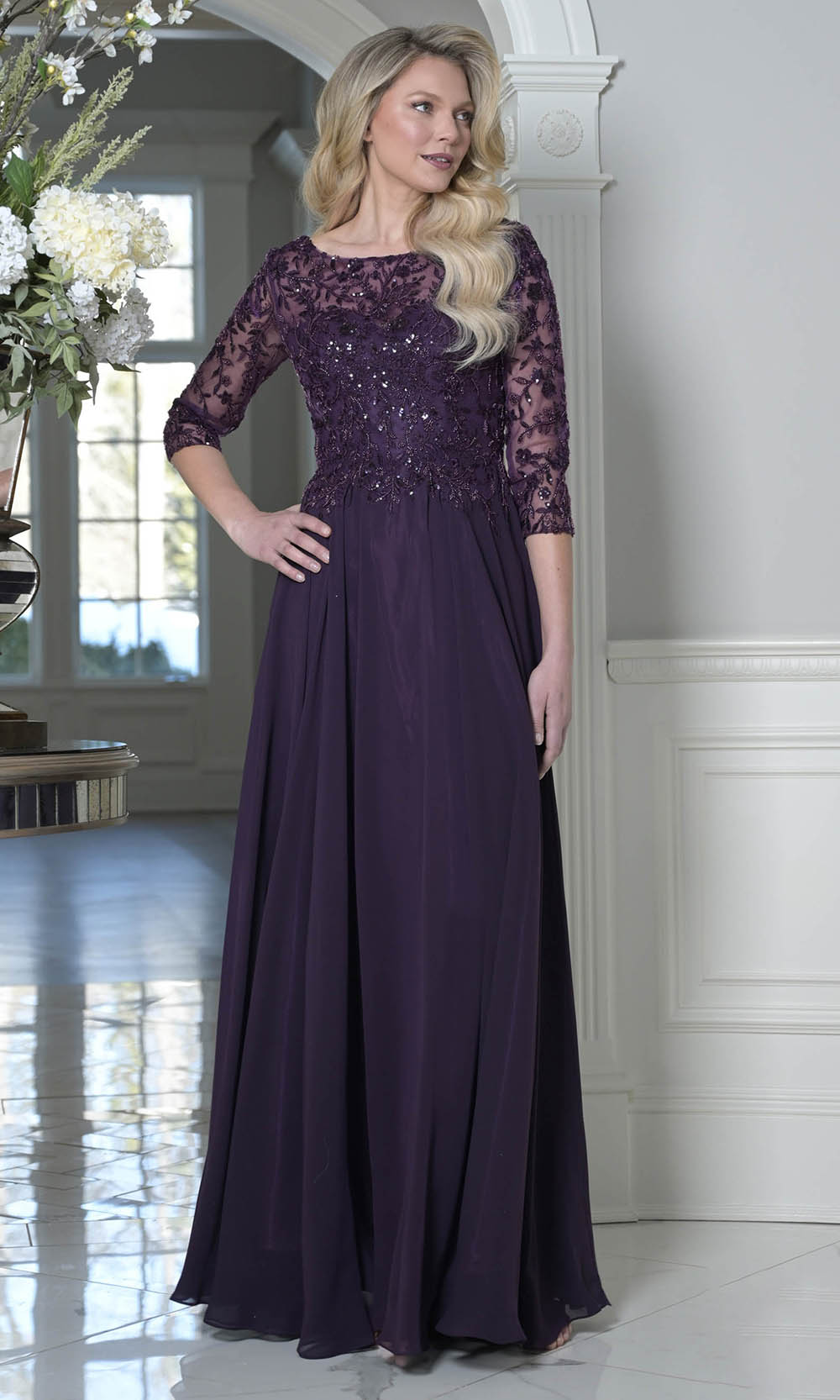 Marsoni by Colors M340SL - Three-Quarter Sleeve Lace Applique Dress - detail view