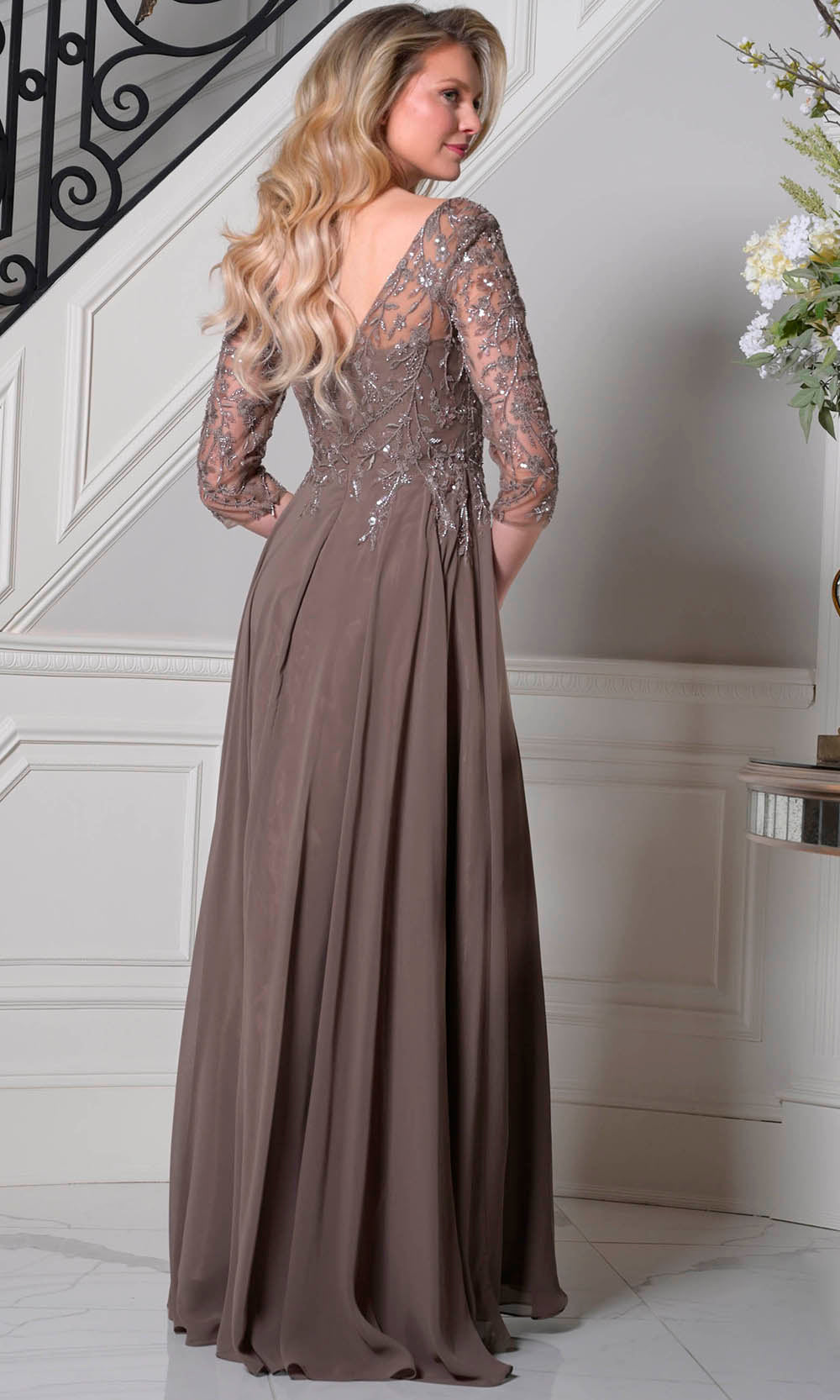 Marsoni by Colors M340SL - Three-Quarter Sleeve Lace Applique Dress - back view