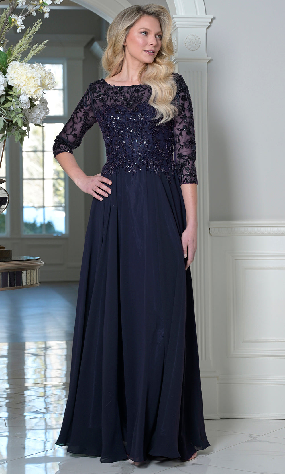 Marsoni by Colors M340SL - Three-Quarter Sleeve Lace Applique Dress - view 4