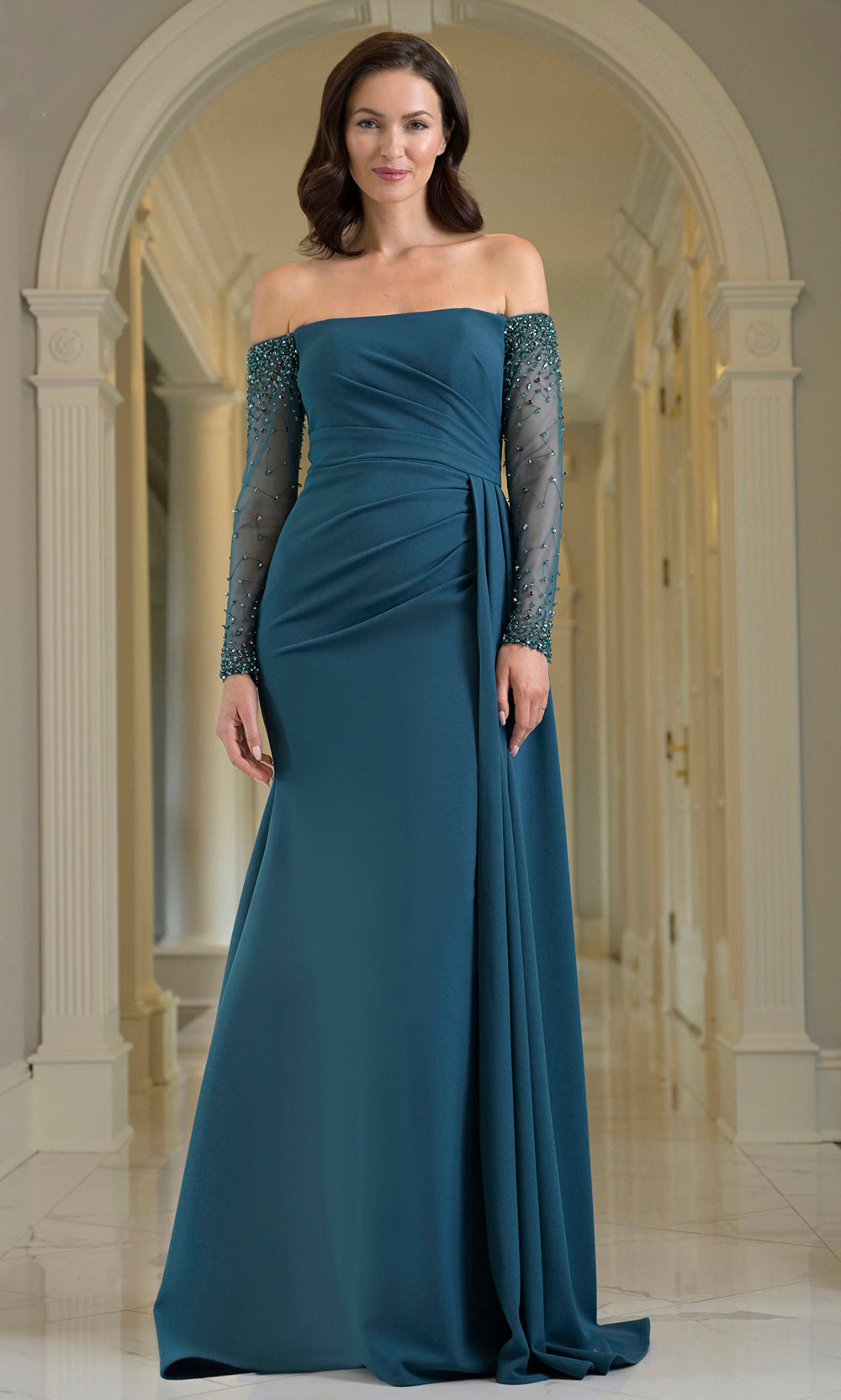Marsoni by Colors M344 - Straight Neckline Gown with Beaded Sleeves - view 4