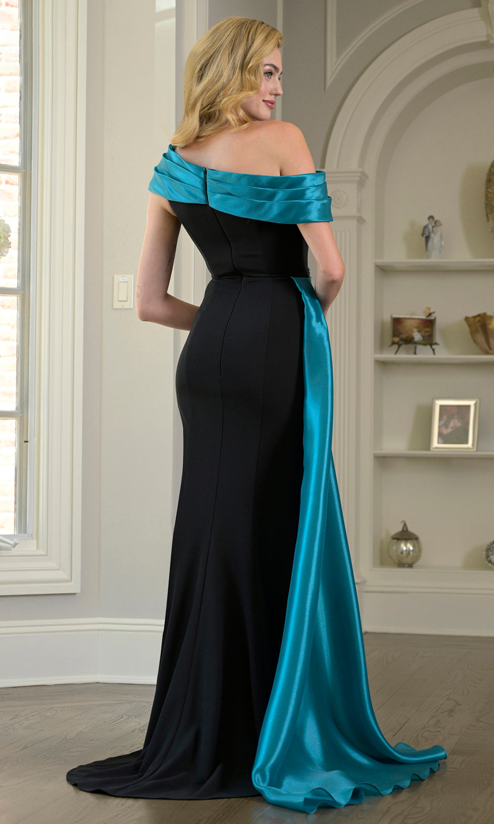 Marsoni by Colors M346 - Asymmetric Neck Draped Overlay Gown - detail view