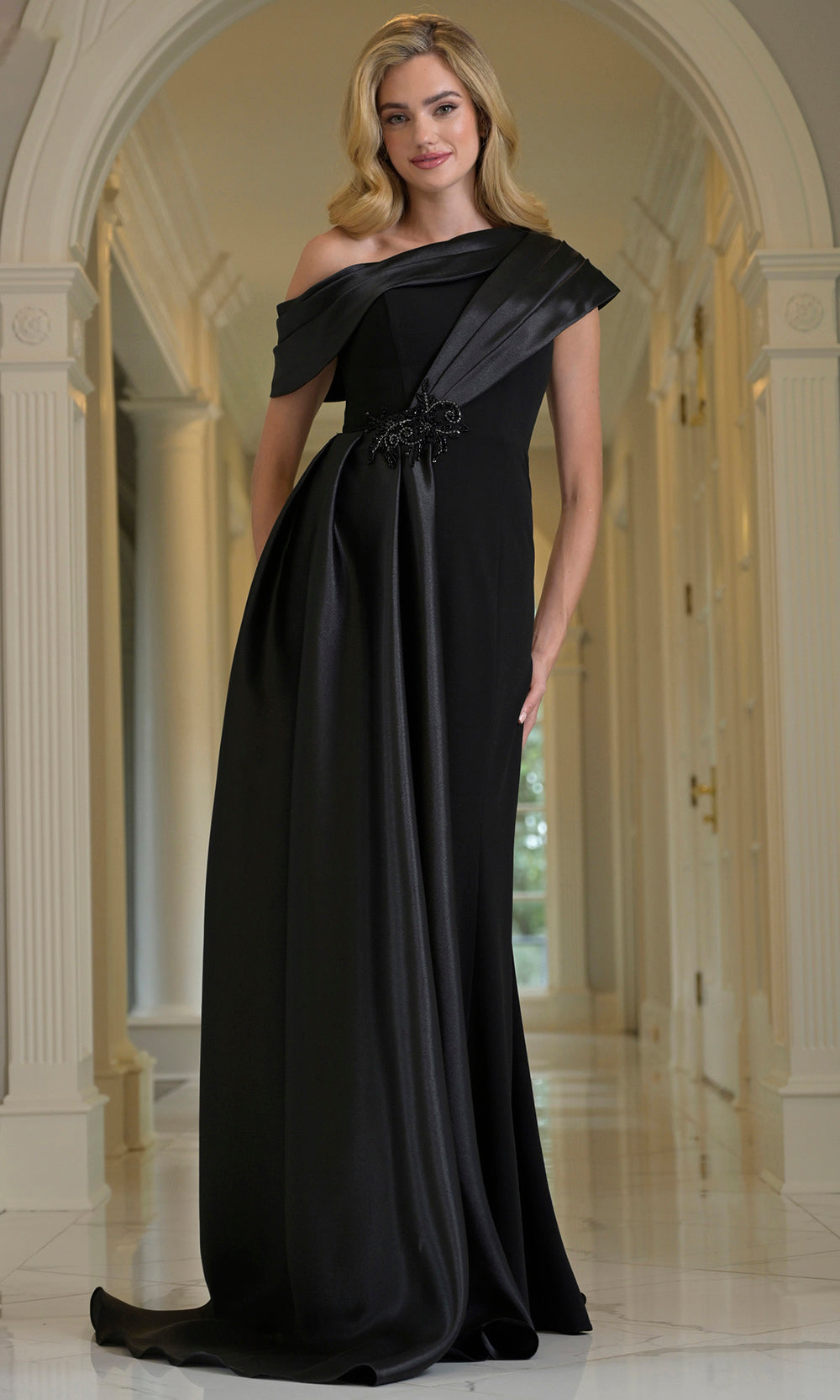 Marsoni by Colors M346 - Asymmetric Neck Draped Overlay Gown - designer formal gown at Silhouette Dresses