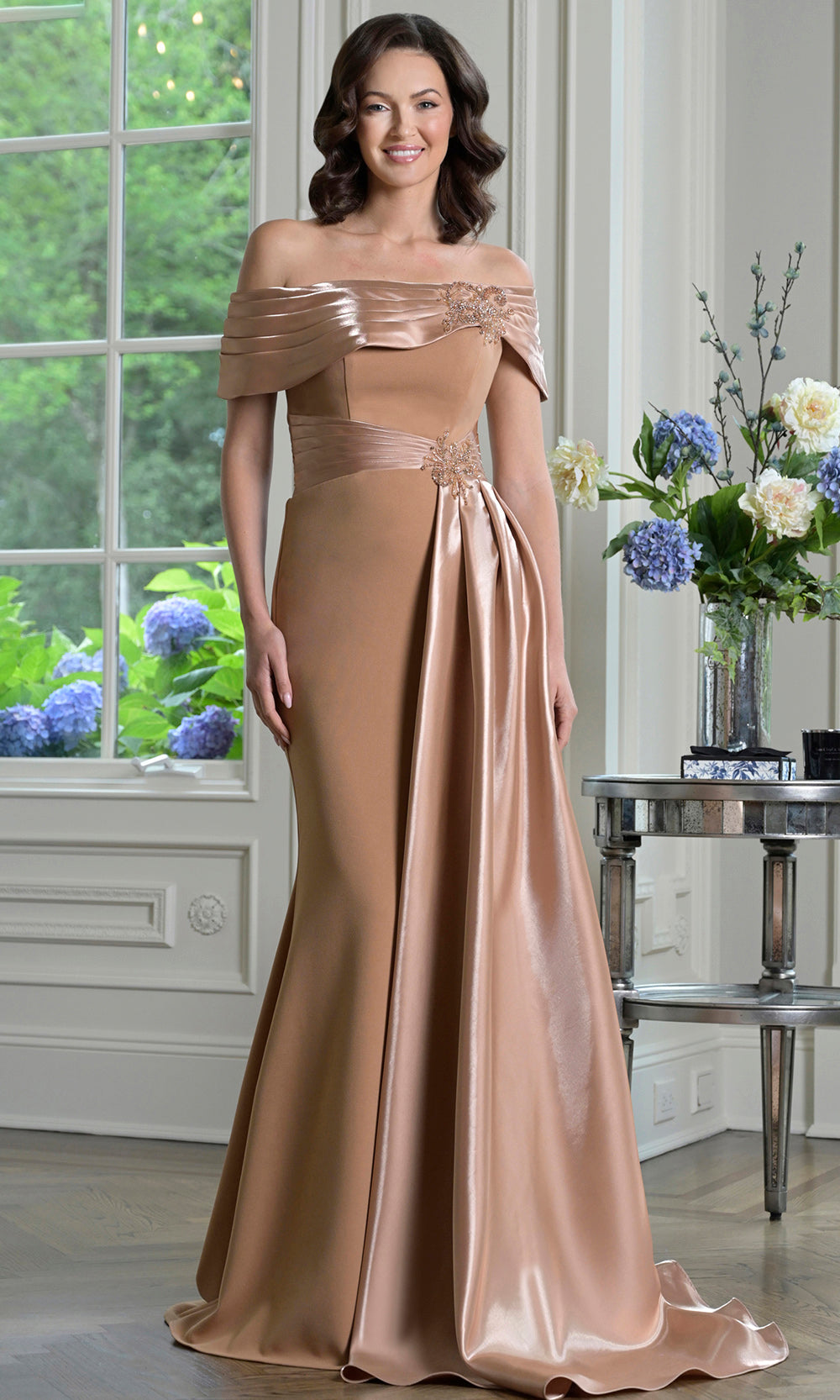 Marsoni by Colors M347 - Off Shoulder Crepe Pleated Gown - designer formal gown at Silhouette Dresses