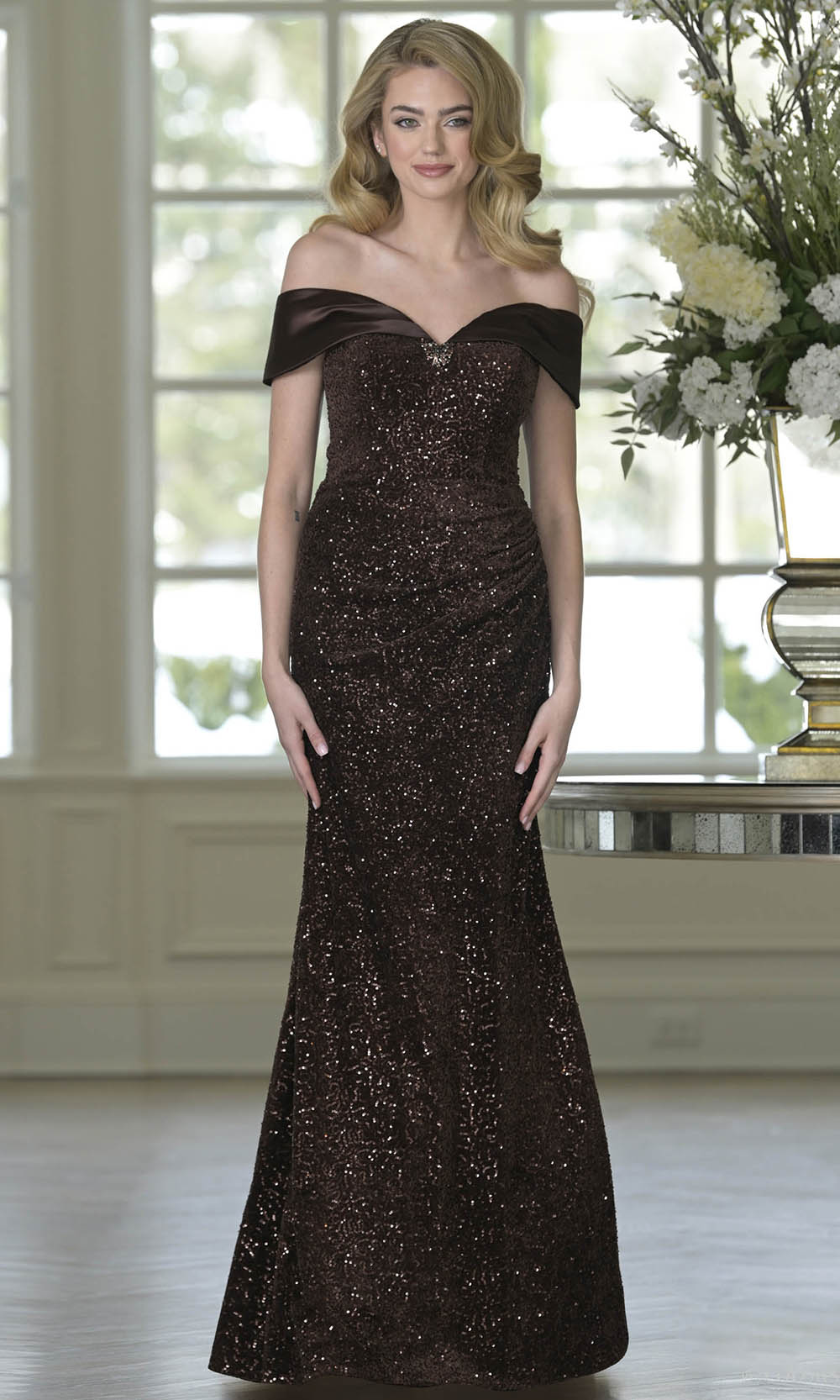 Marsoni by Colors M349 - Off Shoulder Sparkling Long Dress - back view