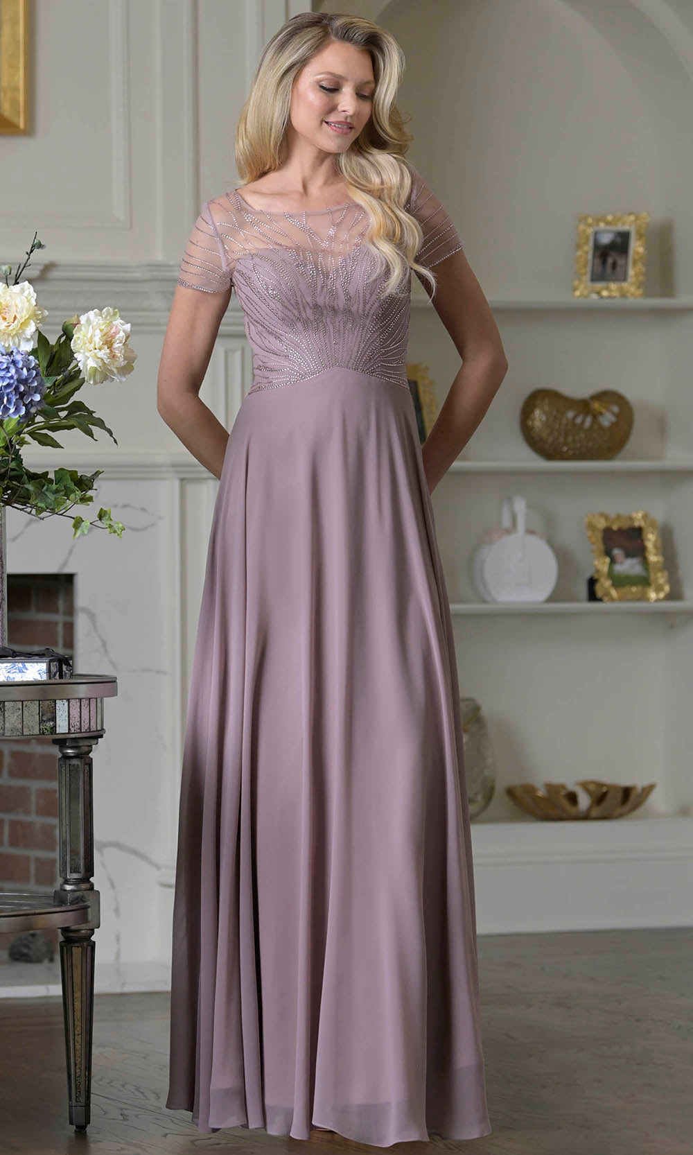 Marsoni by Colors M351 - Short Sleeve Beaded Illusion Formal Dress - designer mother of the bride dress at Silhouette Dresses