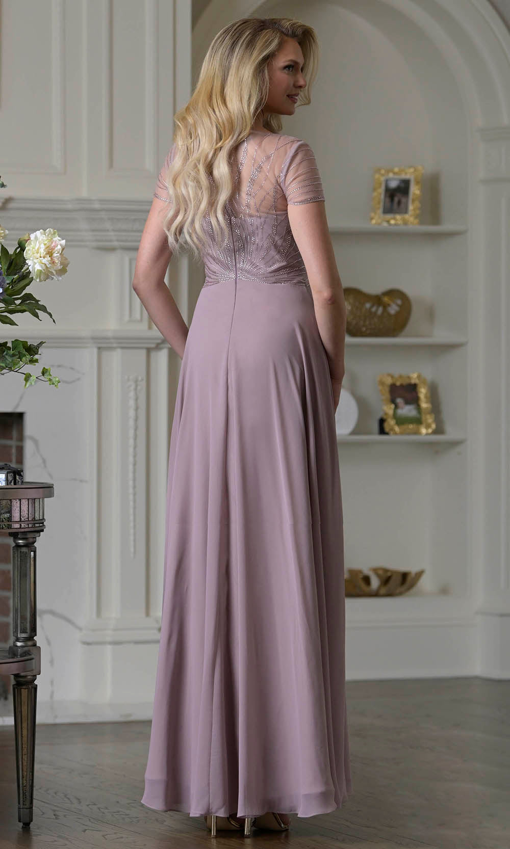 Marsoni by Colors M351 - Short Sleeve Beaded Illusion Formal Dress - back view