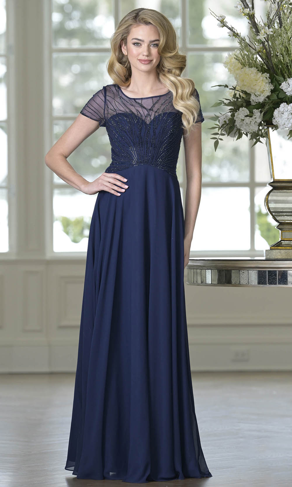 Marsoni by Colors M351 - Short Sleeve Beaded Illusion Formal Dress - detail view