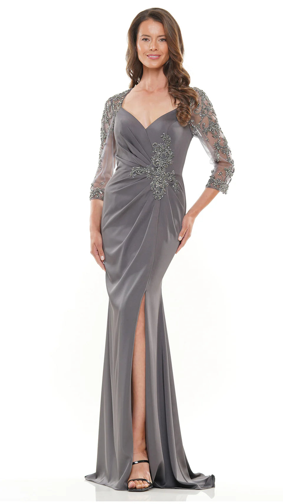 Marsoni by Colors - MV1070 Beaded Sheer Sleeves V Neckline Slit Gown - view 8
