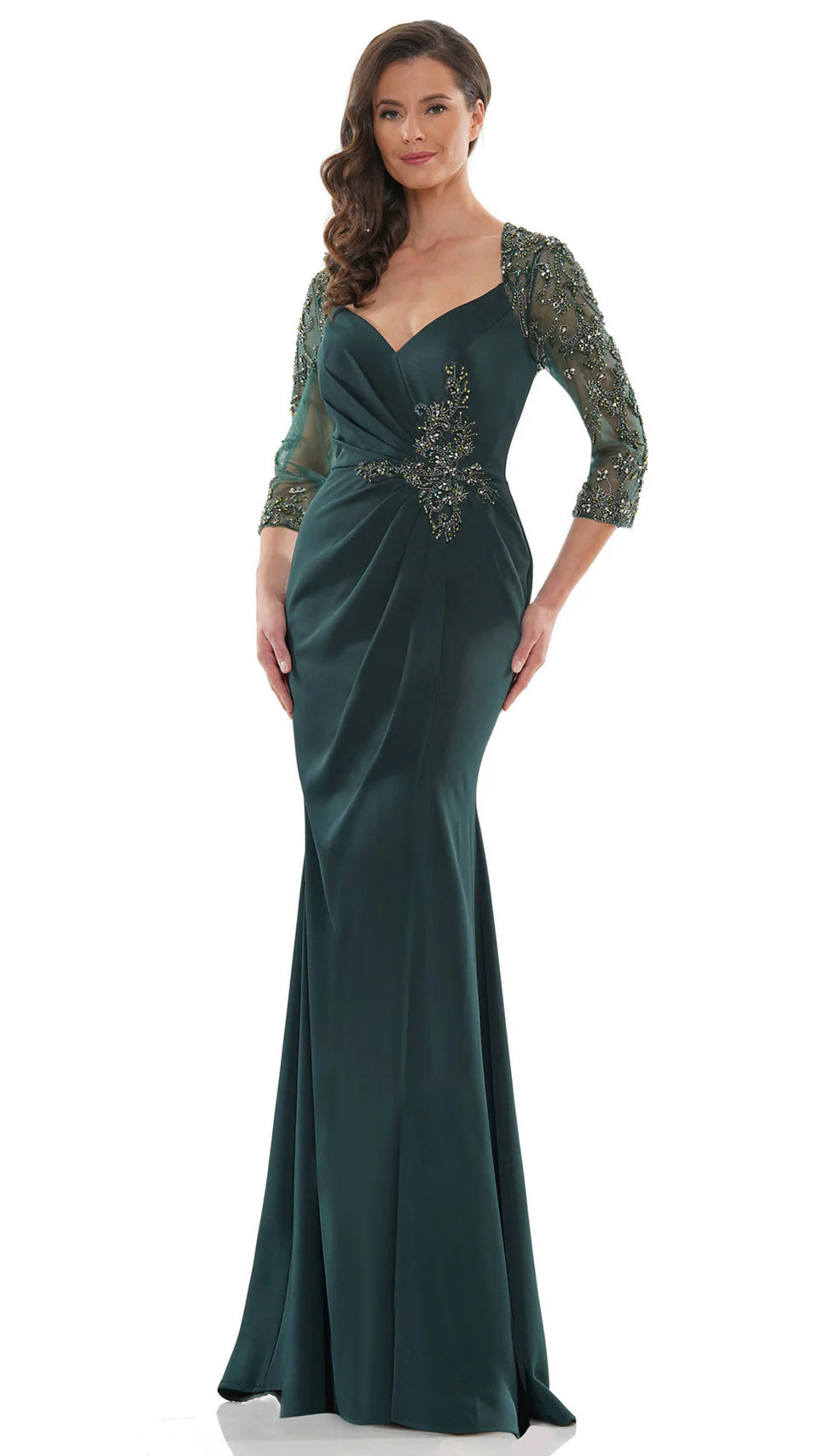 Marsoni by Colors - MV1070 Beaded Sheer Sleeves V Neckline Slit Gown - designer mother of the bride dress at Silhouette Dress