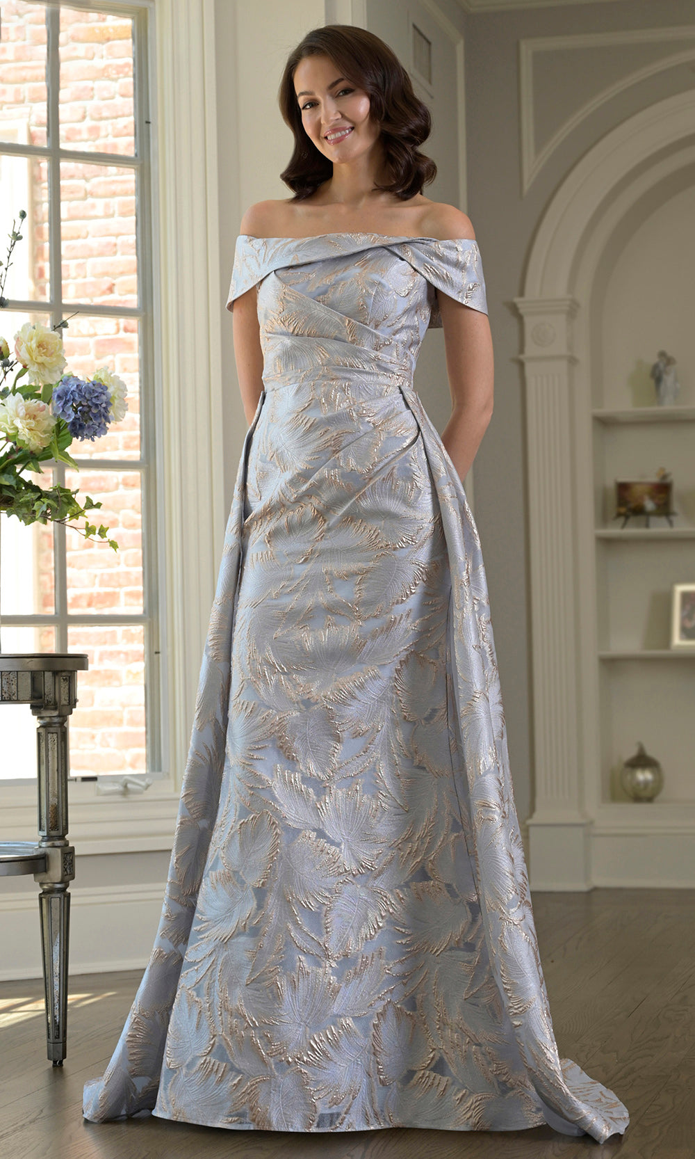 Marsoni by Colors MV1382 - Off Shoulder Jacquard Gown with Overskirt - back view