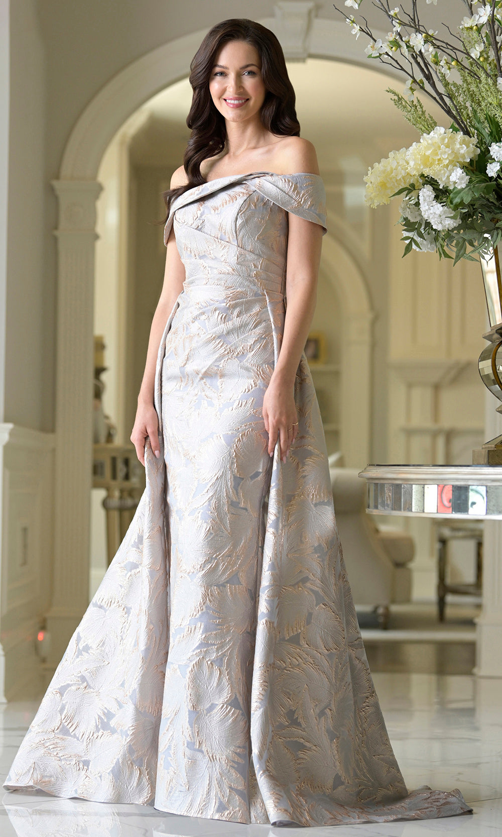 Marsoni by Colors MV1382 - Off Shoulder Jacquard Gown with Overskirt - view 4