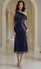 Marsoni by Colors MV1385 - One Shoulder Beaded Tea-Length Dress - designer cocktail dress at Silhouette Dresses