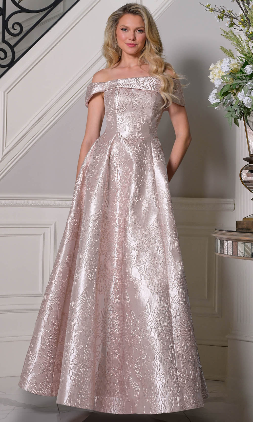 Marsoni by Colors MV1395 - Pleated Off Shoulder Jacquard Dress - detail view