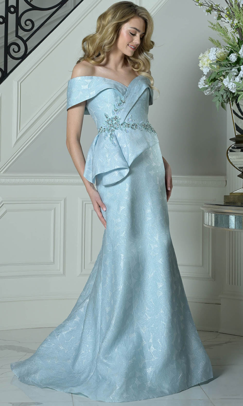 Marsoni by Colors MV1397 - Peplum Waist Jacquard Formal Dress - designer mother of the bride dress at Silhouette Dresses