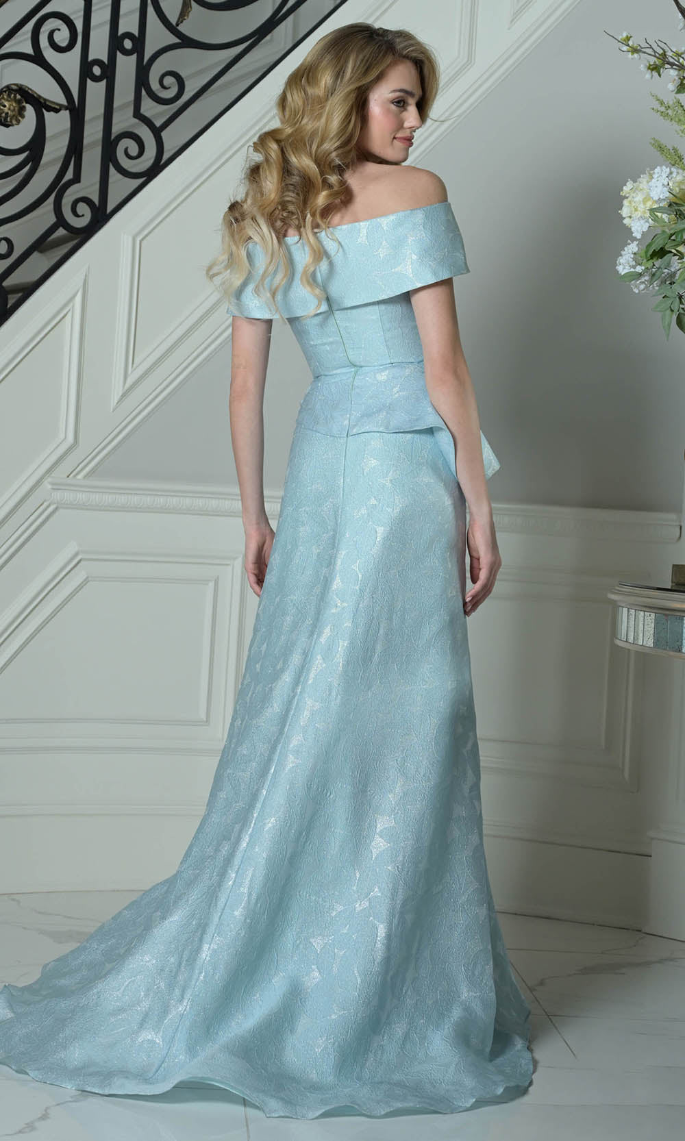 Marsoni by Colors MV1397 - Peplum Waist Jacquard Formal Dress - back view