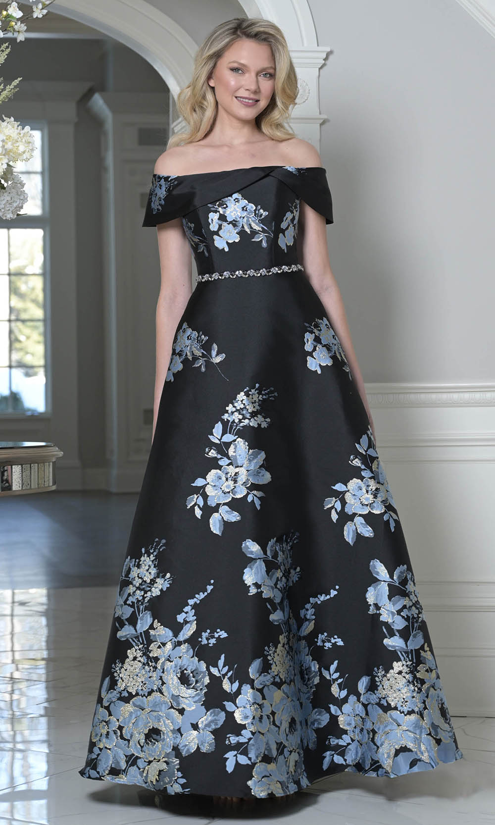 Marsoni by Colors MV1402 - Jacquard Off Shoulder A-Line Dress - designer mother of the bride dress at Silhouette Dresses